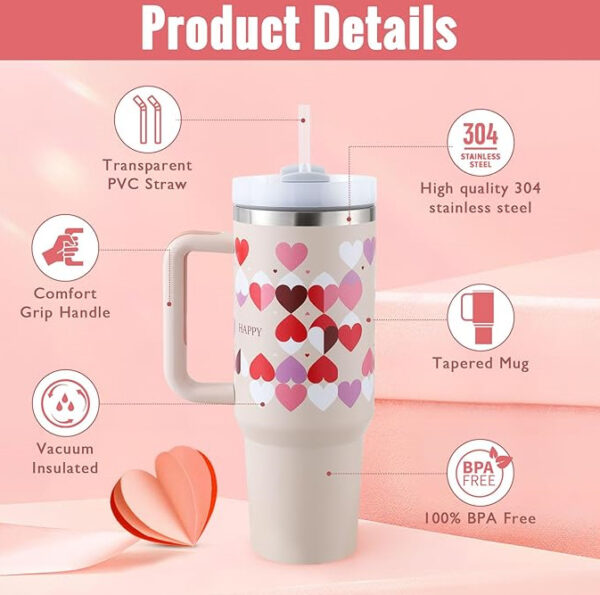 40 Oz Tumbler With Handle Straw Insulated, Stainless Steel Spill Proof Vacuum Coffee Cup Tumbler With Lid Tapered Mug Gifts For Valentine Lover Suitable For Car Gym Office Travel - Image 5